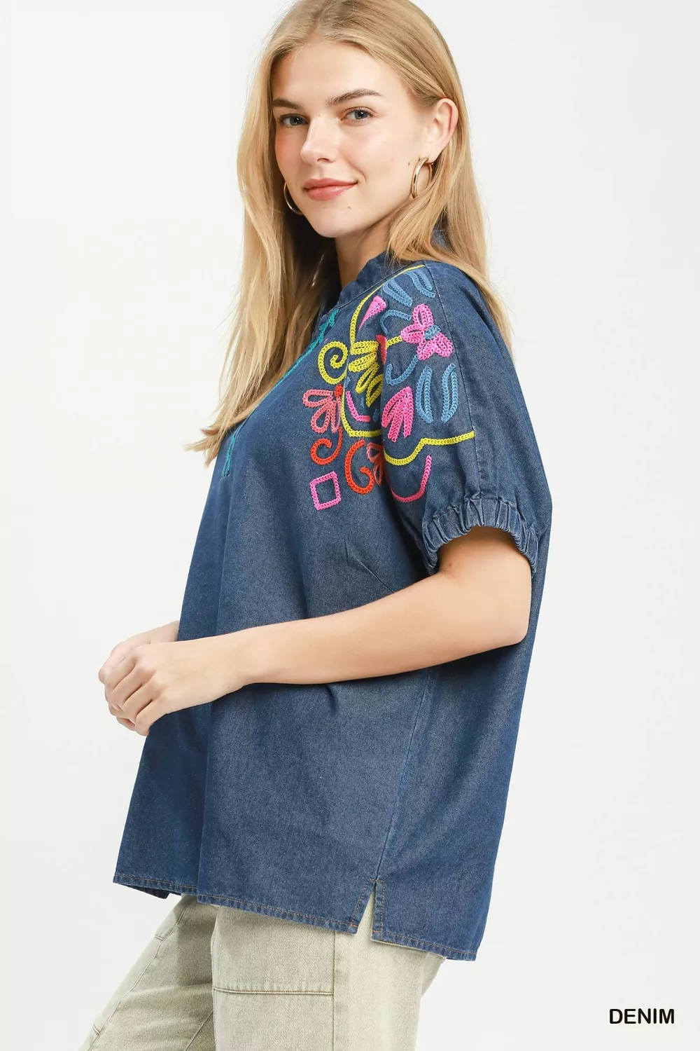 Embroidered Denim Puff Sleeve Top, image 3