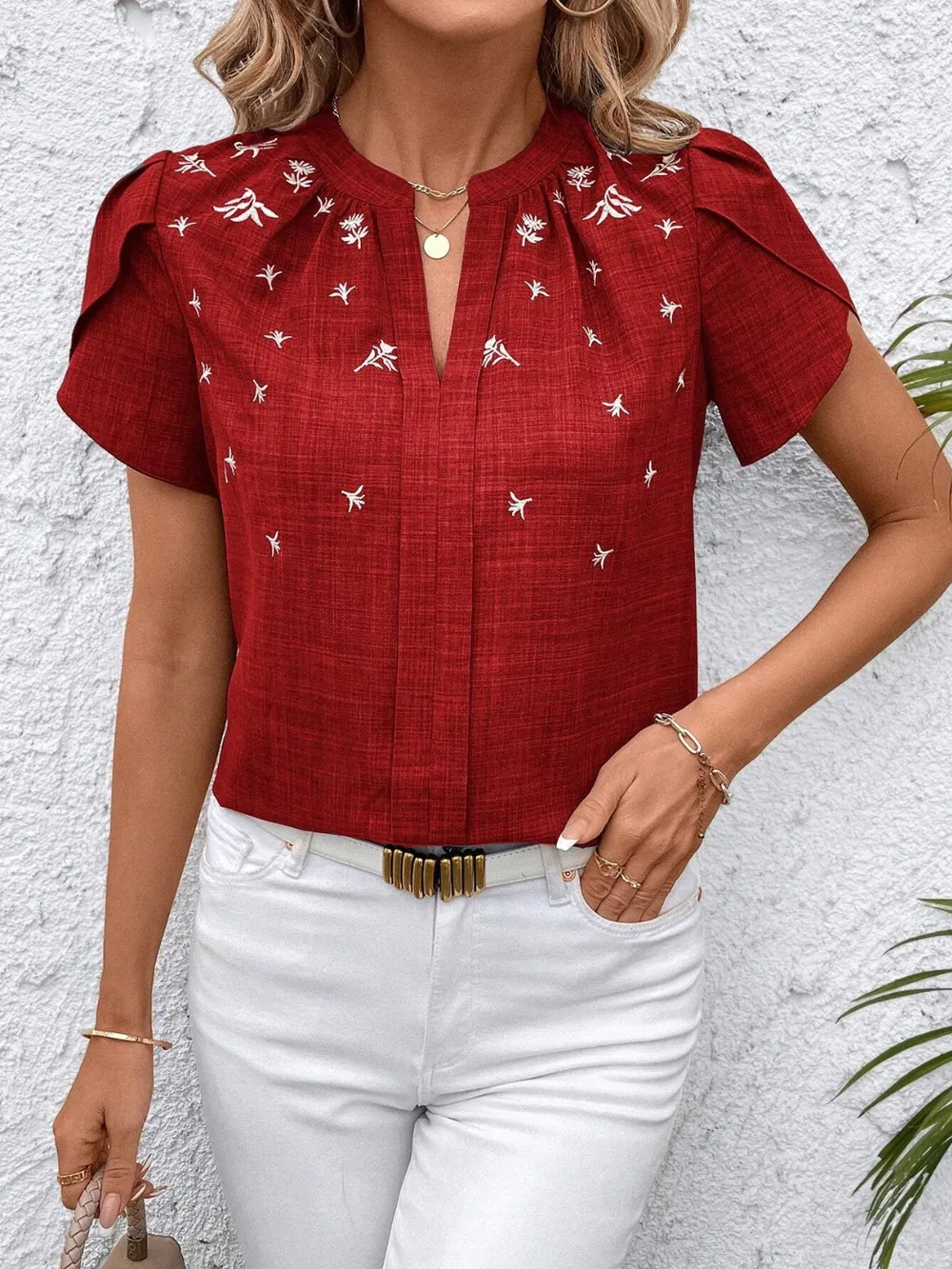 Floral Notched Short Sleeve Blouse, image 7