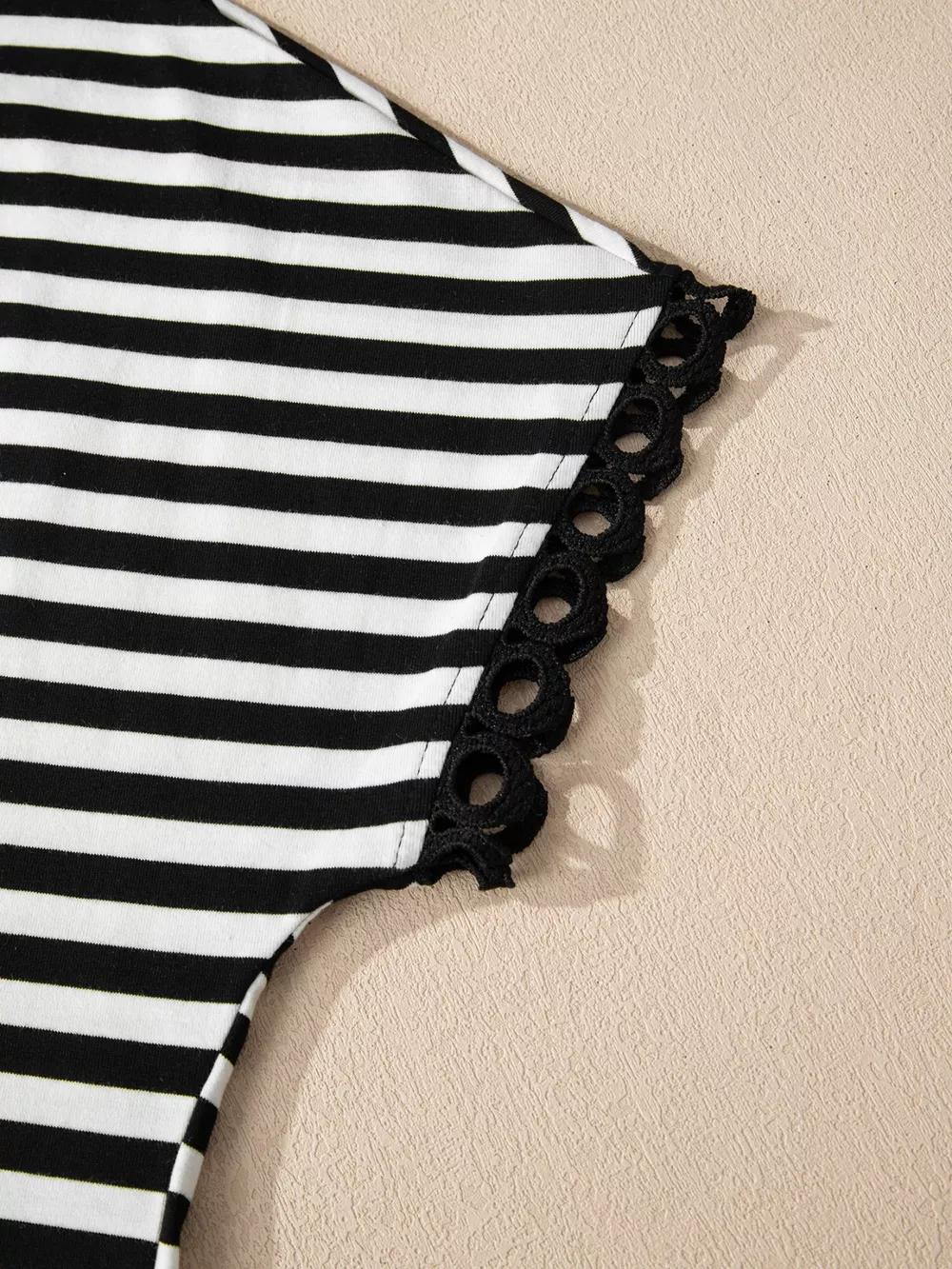 Striped V-Neck Scalloped Short Sleeve T-Shirt, image 2
