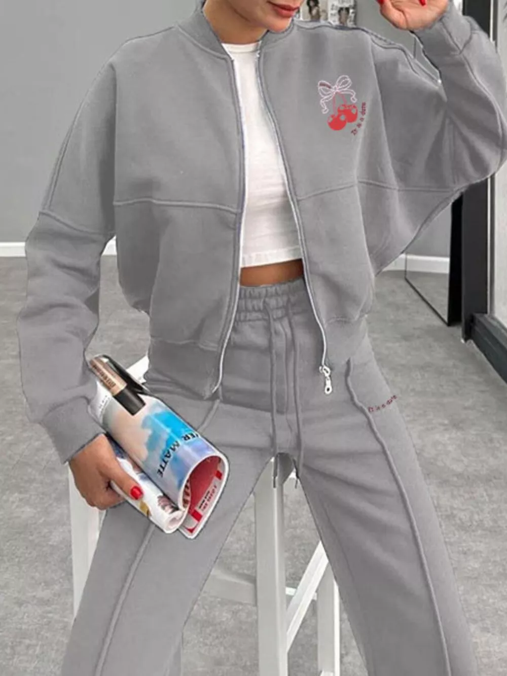 Zip Up Dropped Shoulder Outerwear and Pants Set, image 24
