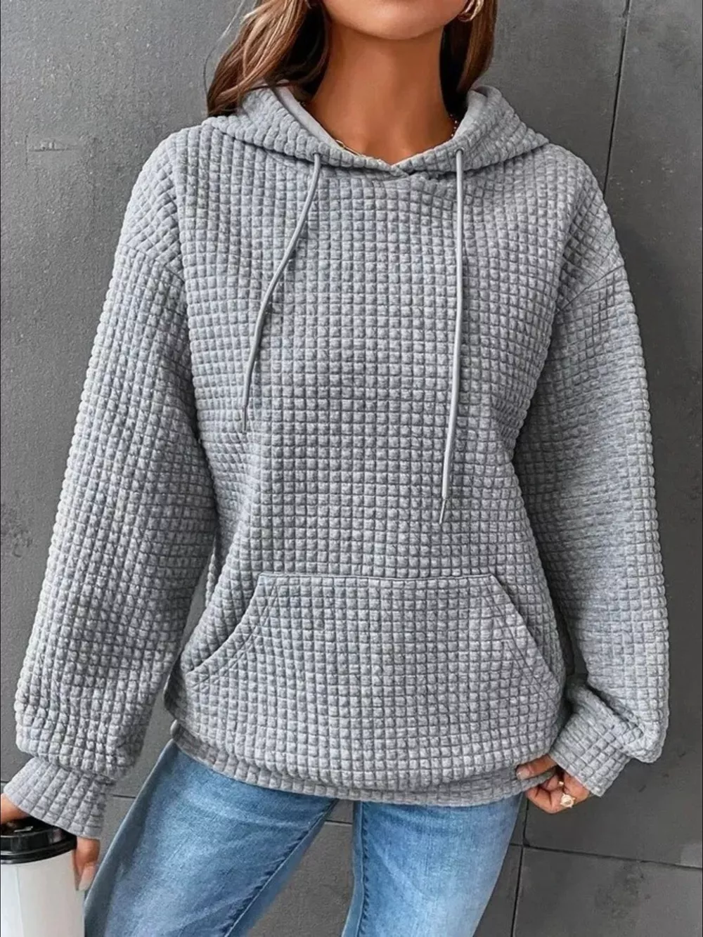 Full Size Textured Kangaroo Pocket Hoodie Plus Size, image 5