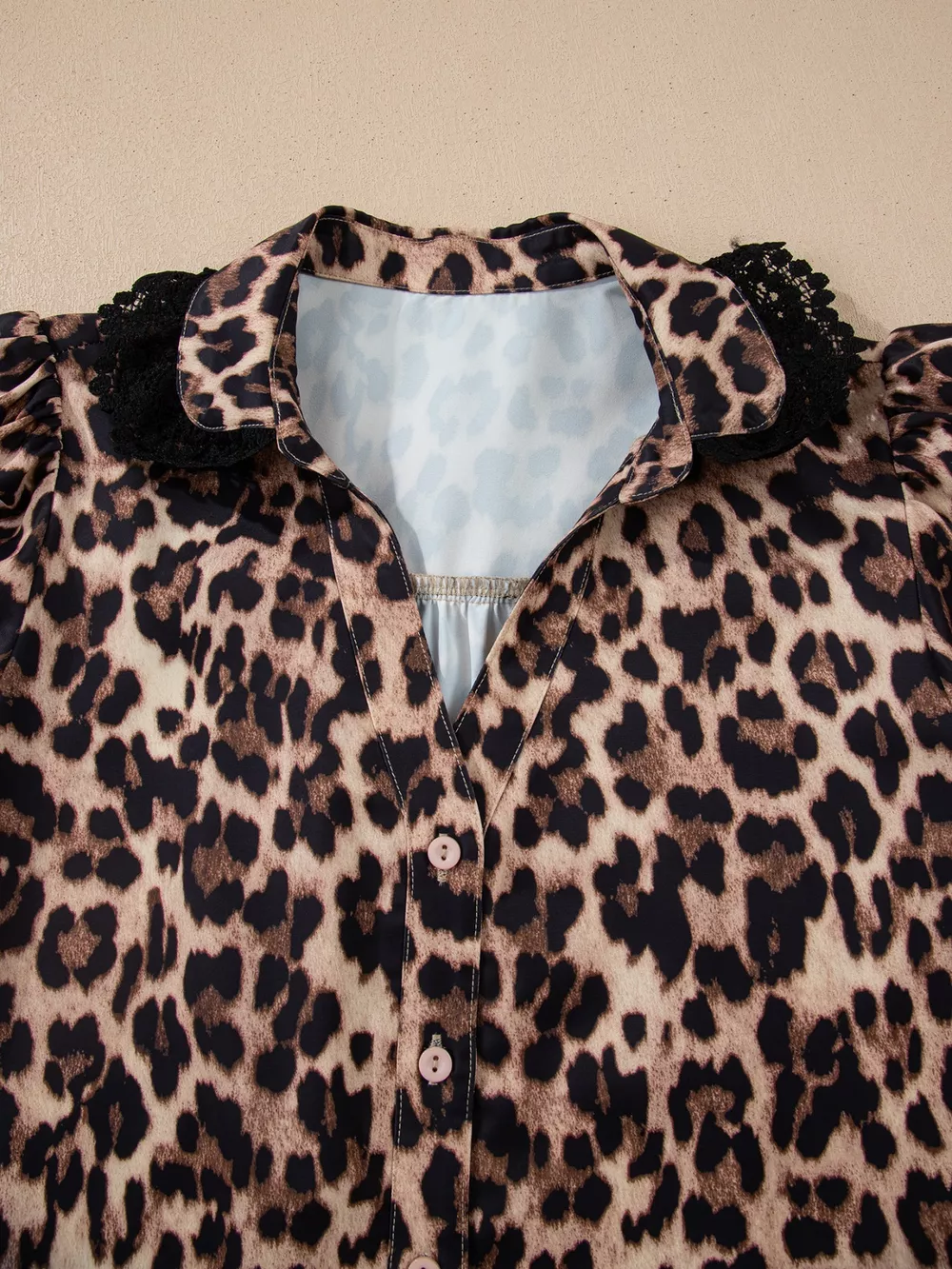 Leopard Print Lace Trim Short Sleeve Shirt, image 9