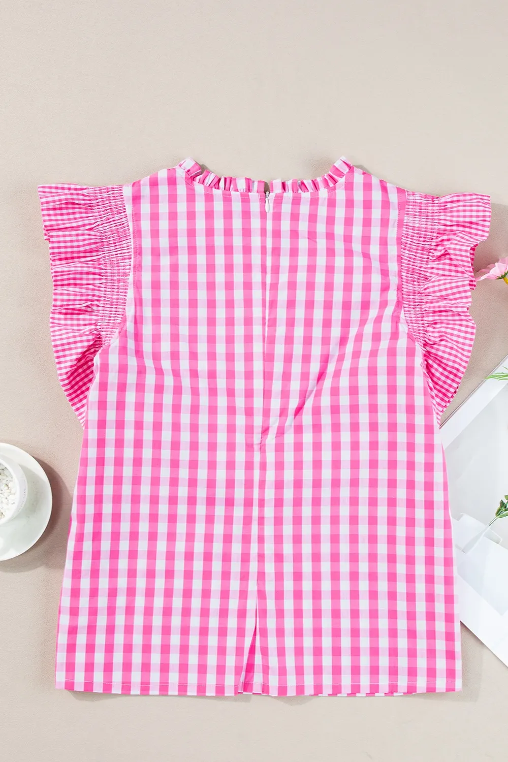 Ruffled Plaid Mock Neck Cap Sleeve Blouse, image 2