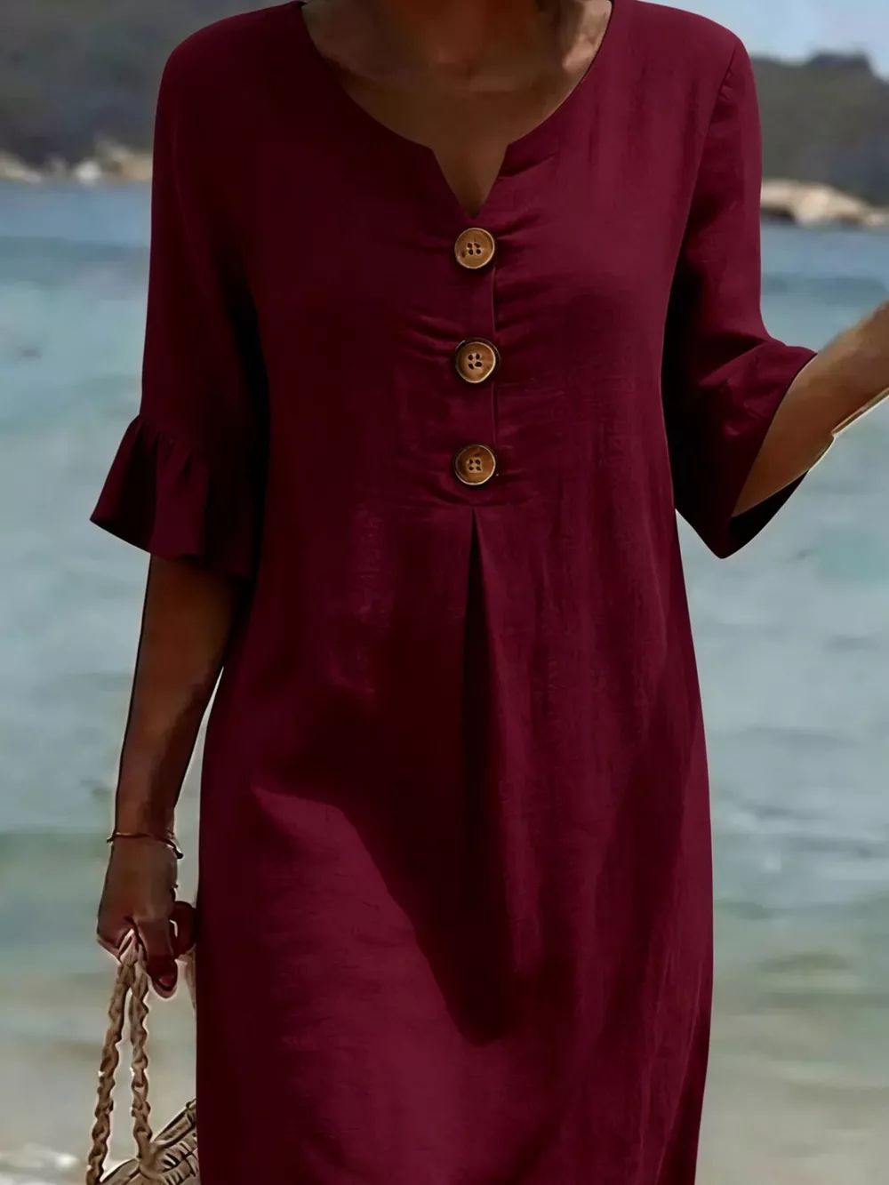 Full Size Button Decor Flounce Sleeve Dress Plus Size, image 17