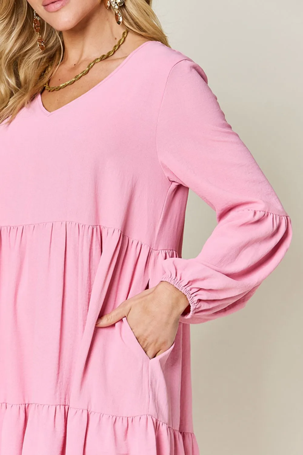 Full Size V-Neck Balloon Sleeve Tiered Dress with Pockets, image 7