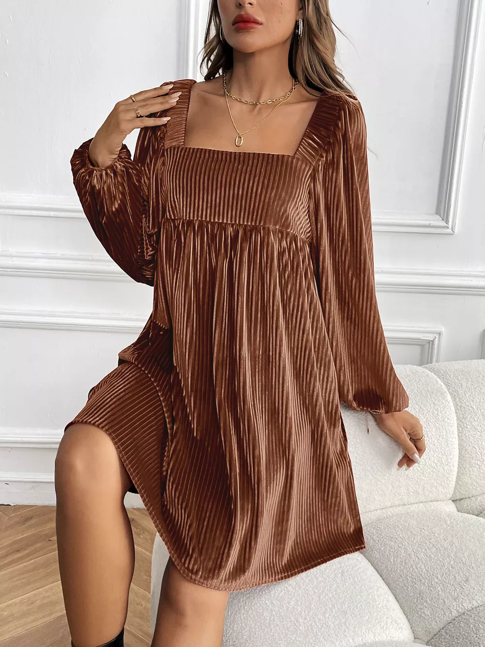 Velvet Square Neck Long Sleeve Dress, image 2