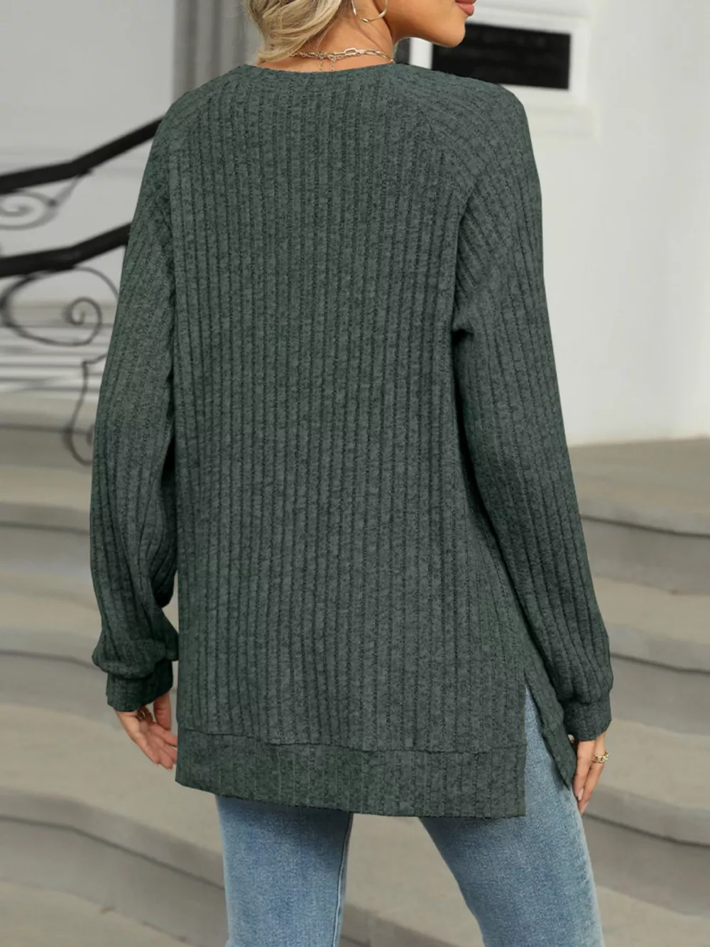 Round Neck Side Slit Ribbed Knit Top with Asymmetric Button Detail, image 11