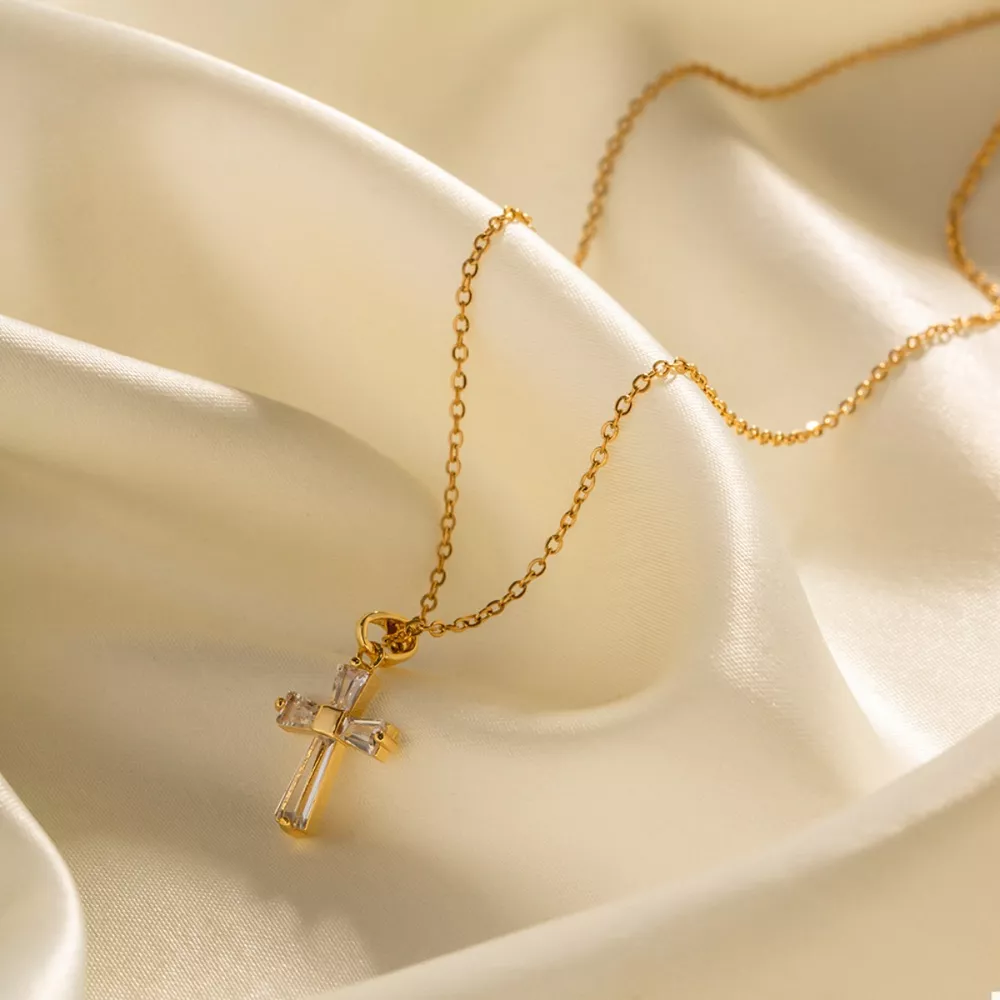 18K Gold-Plated Stainless Steel Zircon Cross Necklace, image 4
