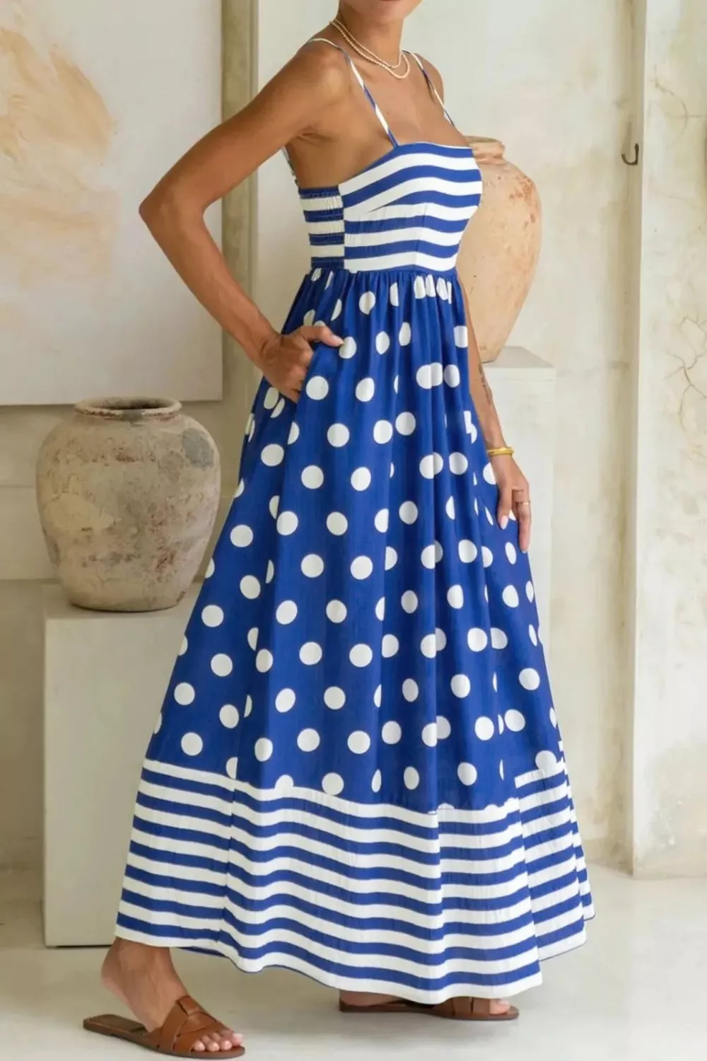 Striped Polka Dot Patchwork High Waist Spaghetti Straps Maxi Dress, image 3