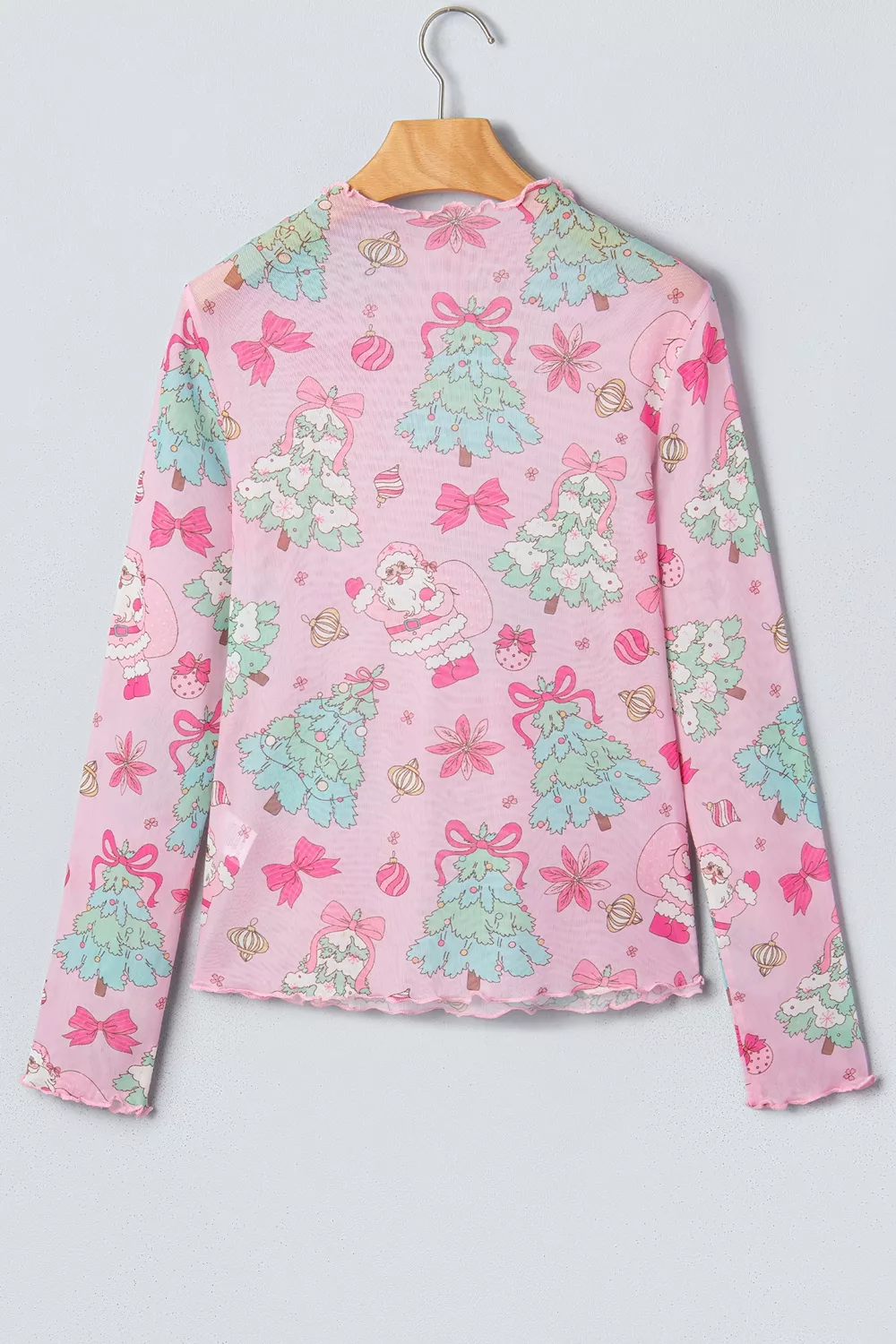 Christmas Print Sheer Mesh Slim Fit Long Sleeve Top, image 4