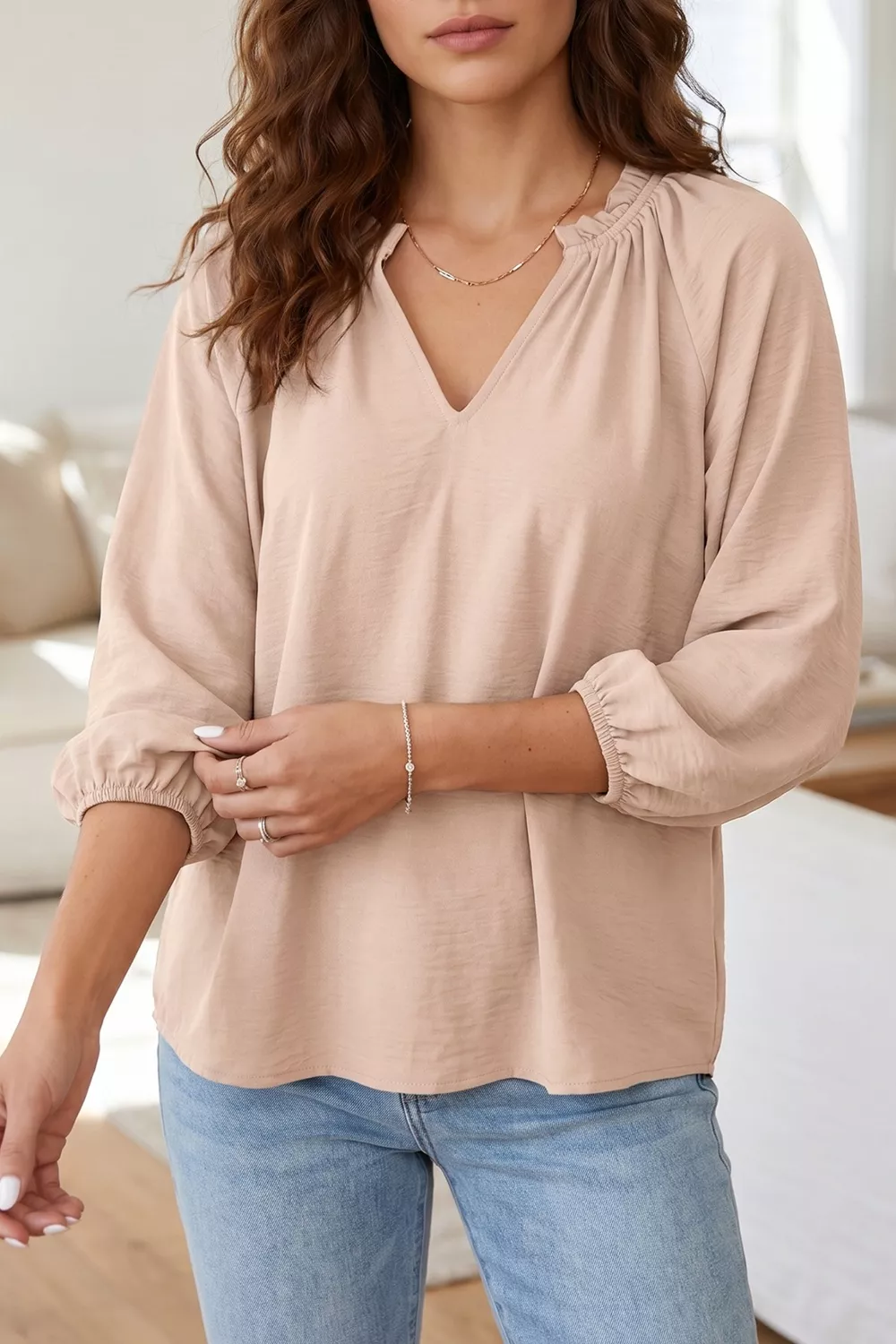 V Neck Gathered Cuff Three Quarter Sleeve Blouse, image 4