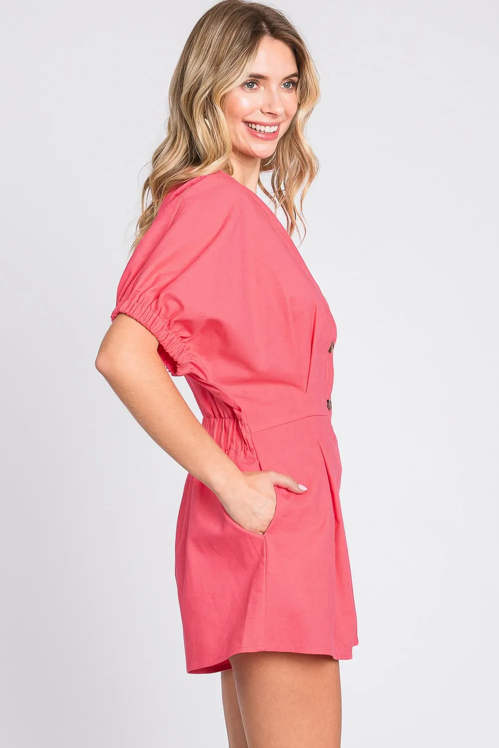 Half Button V-Neck Linen Romper, image 3