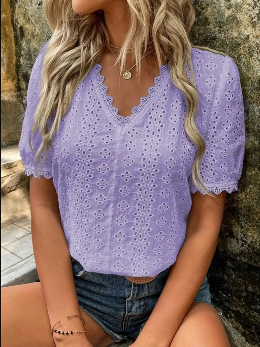 Full Size Eyelet V-Neck Short Sleeve Blouse Plus Size, image 3
