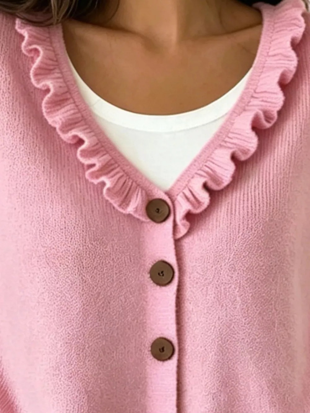 Ruffled Neckline Button-Up Cardigan, image 5