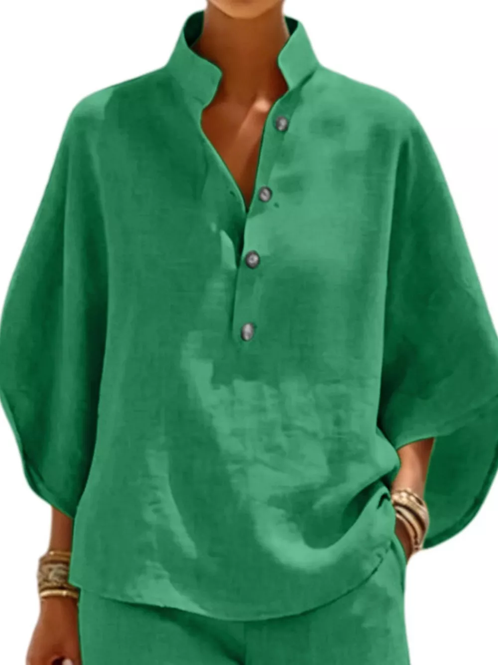 Full Size Button Detail Loose Fit Top and Shorts Set Plus Size, image 3