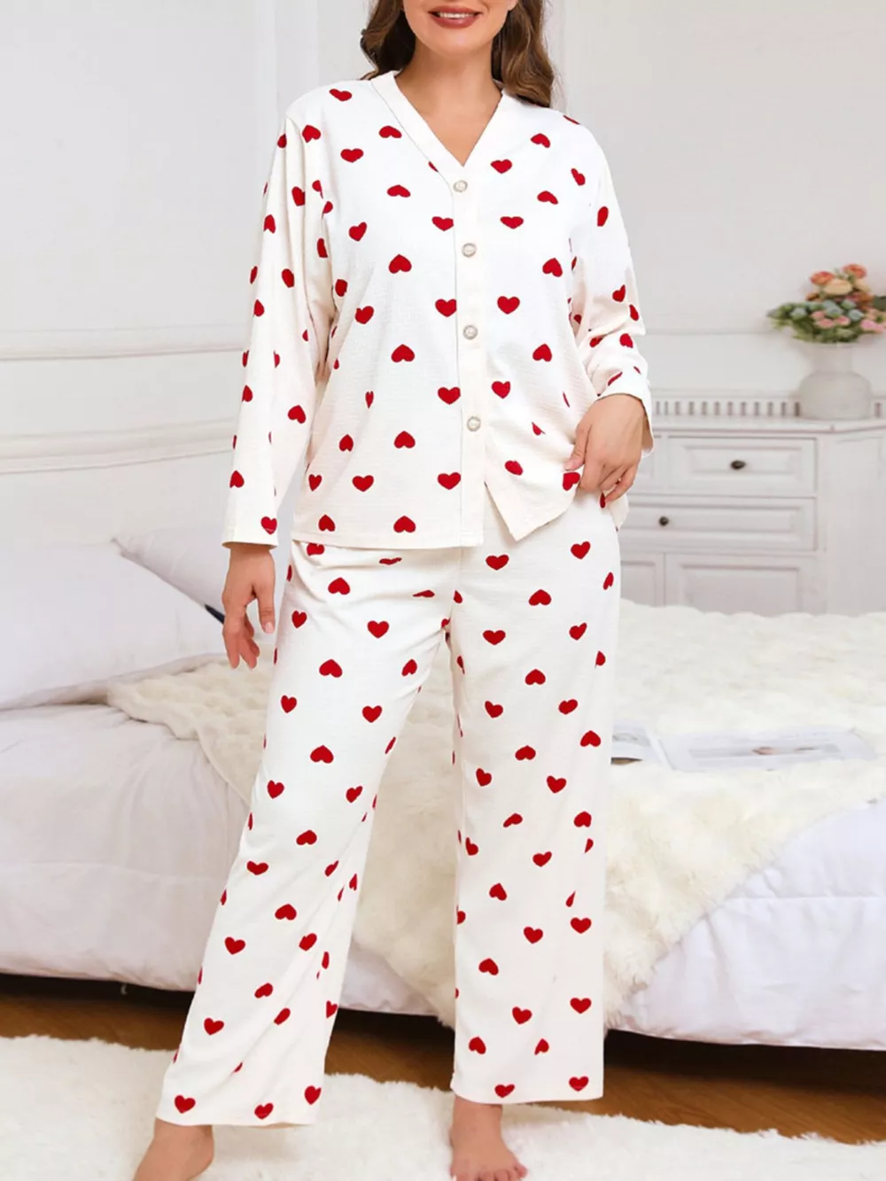 Plus Size Heart Print Button-Down Top and Pants Set, image 3