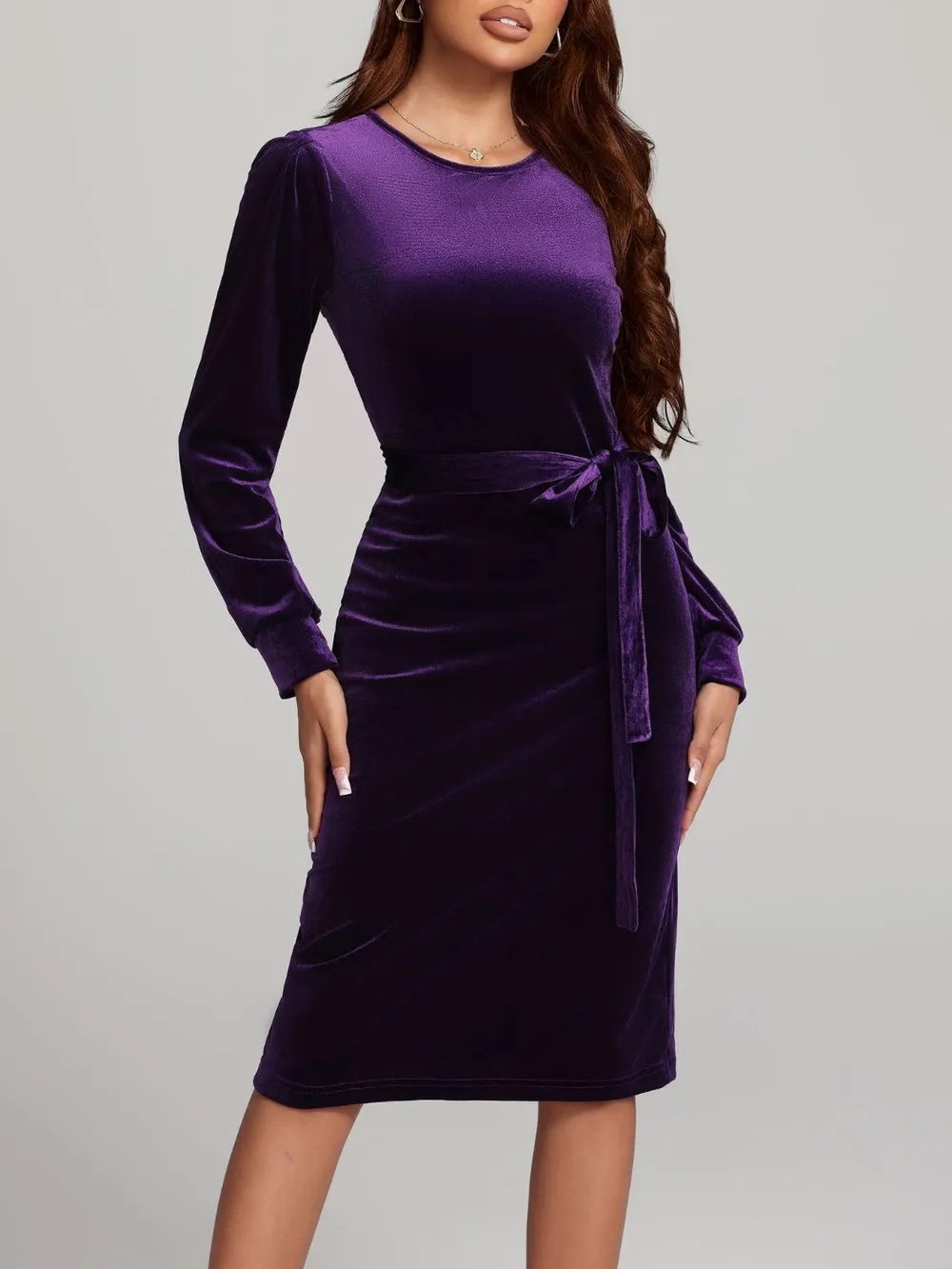 Round Neck Tie Waist Long Sleeve Velvet Dress, image 8