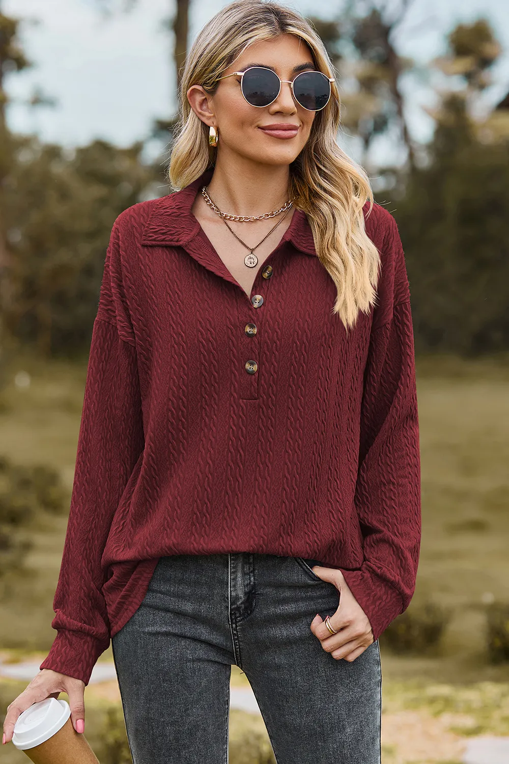 Half Button Dropped Shoulder Blouse, image 4