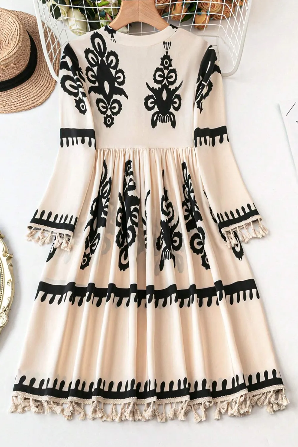 Tassel Printed Three-Quarter Sleeve Mini Dress, image 2