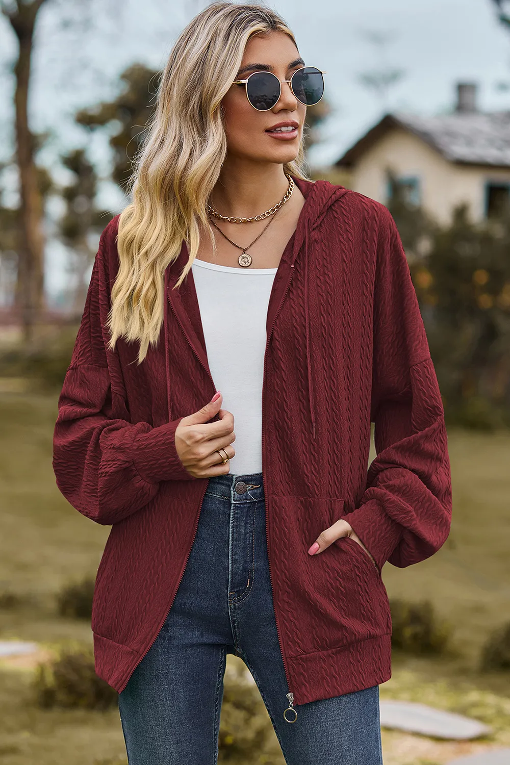 Drawstring Zip Up Dropped Shoulder Hoodie, image 18