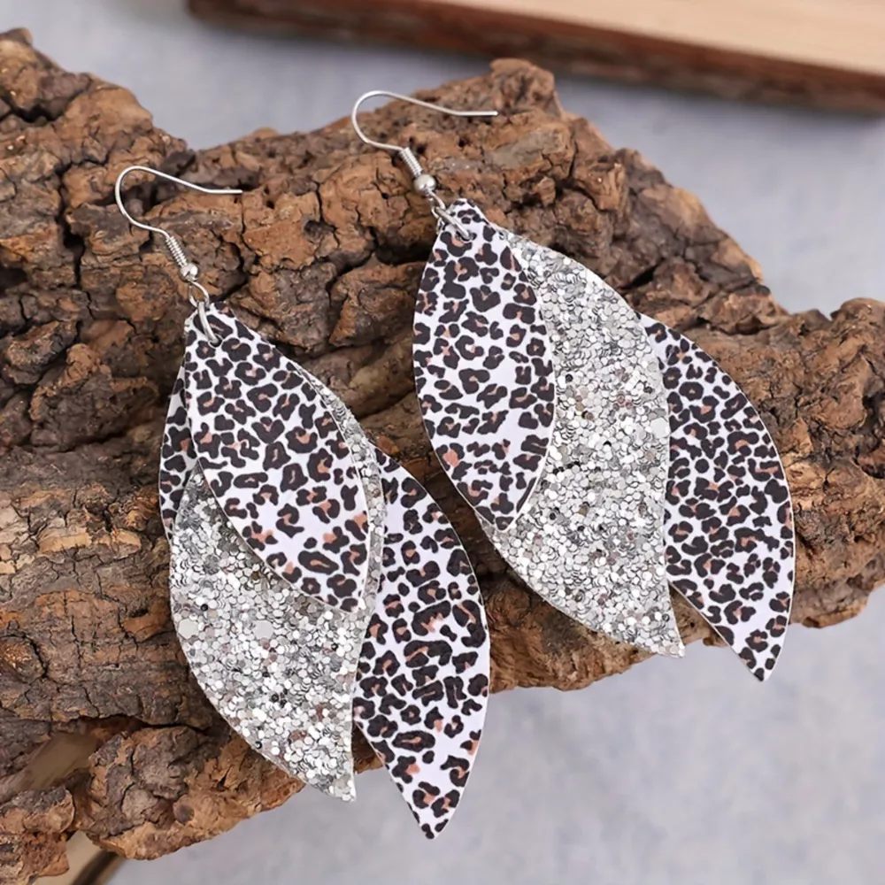 Leopard Print Leather Leaf Drop Earrings, image 2