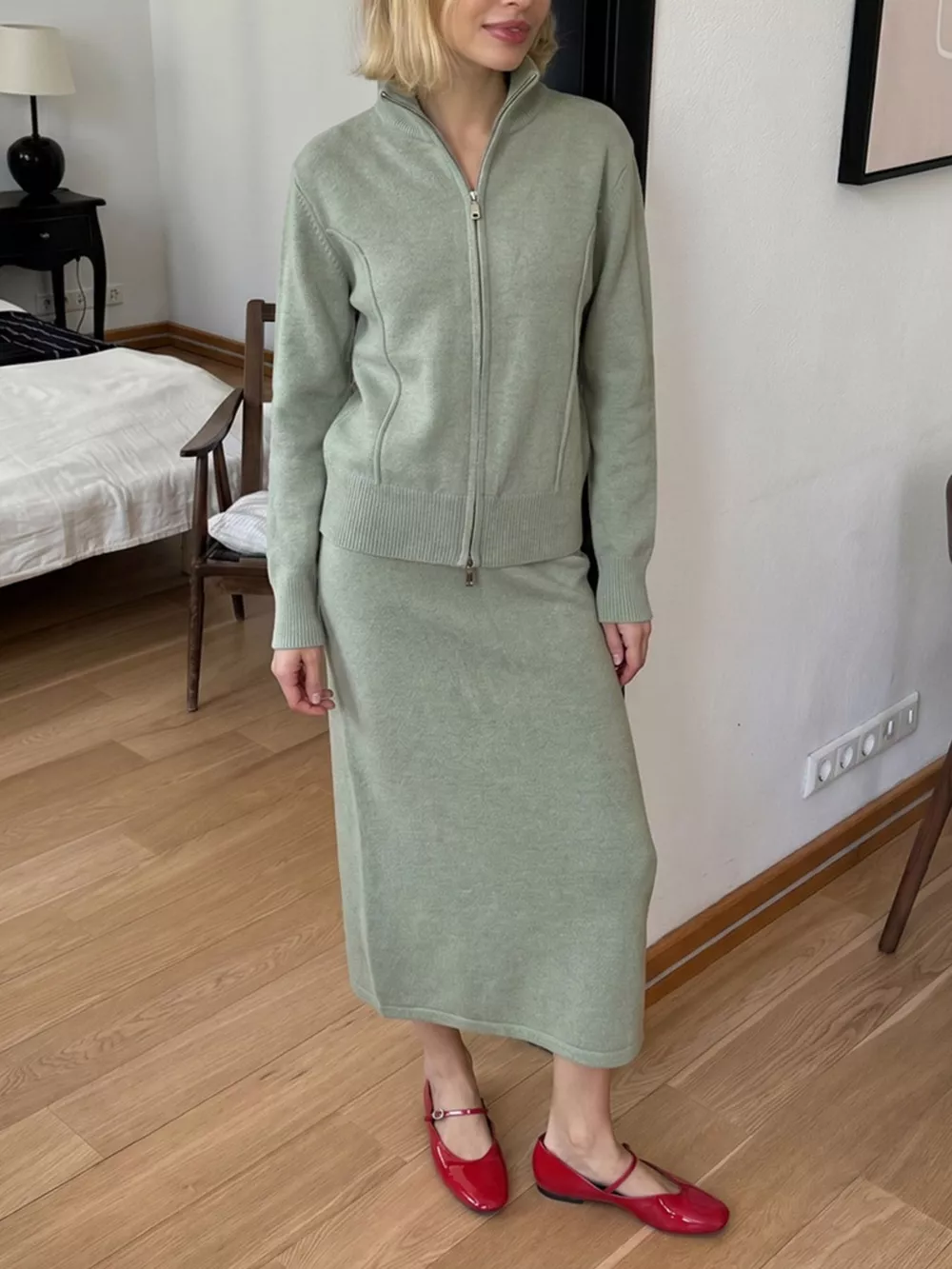 Zip-Up Mock Neck Cardigan and Matching Midi Skirt Sweater Set, image 14