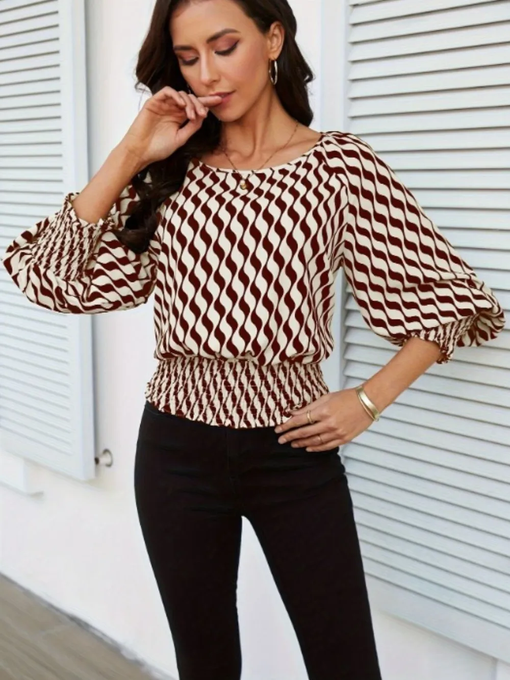 Geometric Print Lantern Sleeve Smocked Waist Blouse, image 5
