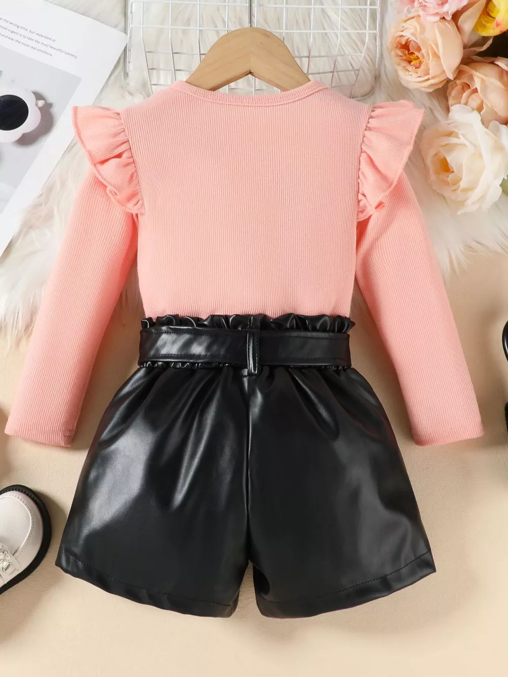 Children's Ruffled Pearl Embellished Top & Faux Leather Shorts Set with Belt, image 11
