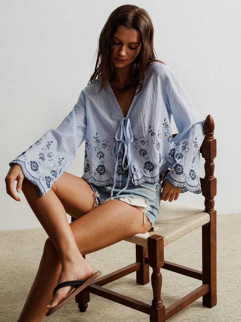 Floral Embroidered Tie-Front Blouse, image 2
