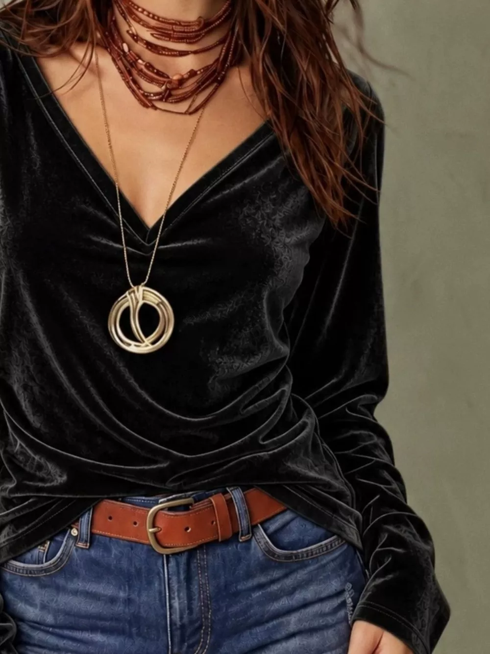 Full Size V-Neck Long Sleeve Velvet Blouse Plus Size, image 4