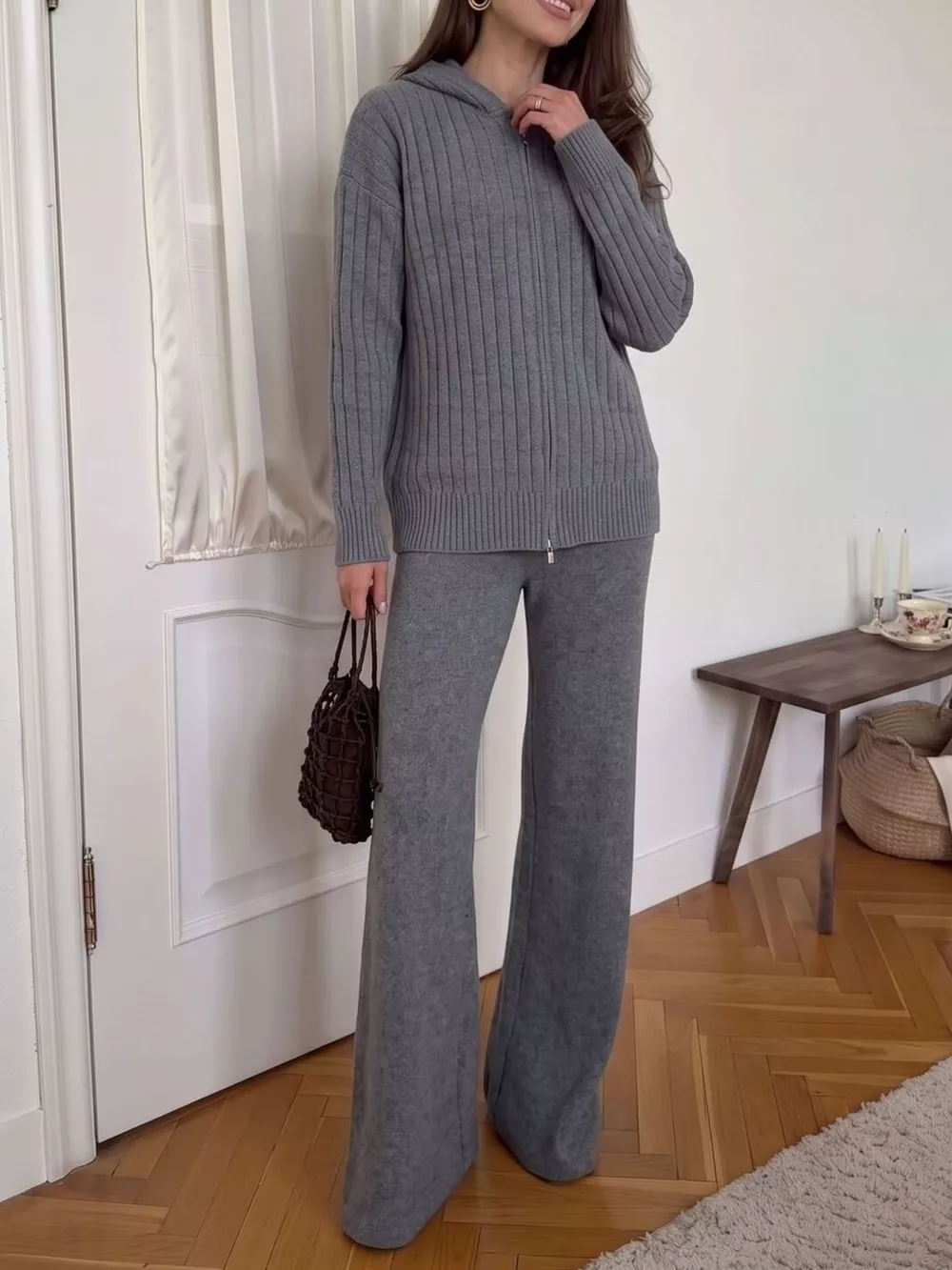 Cozy Ribbed Knit Zip-Up Hoodie and Wide-Leg Pants Sweater Set, image 10