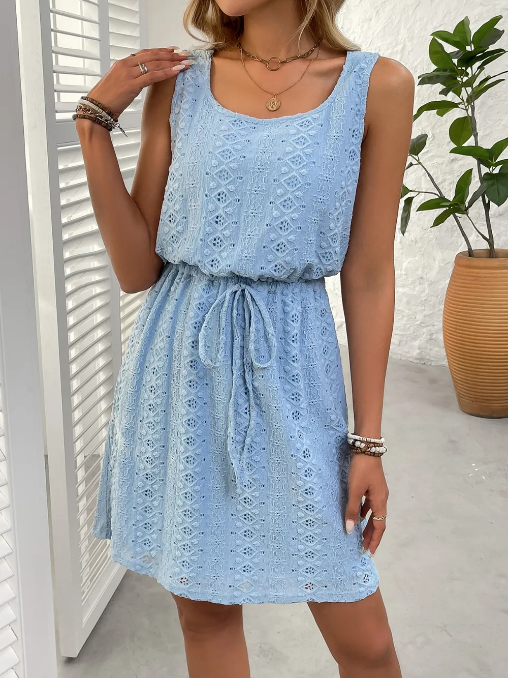 Eyelet Drawstring Round Neck Sleeveless Dress, image 5