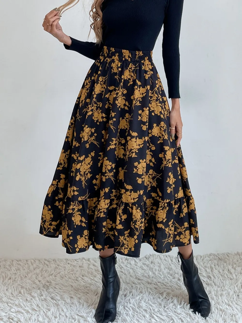 Printed Elastic Waist Midi Skirt, image 7