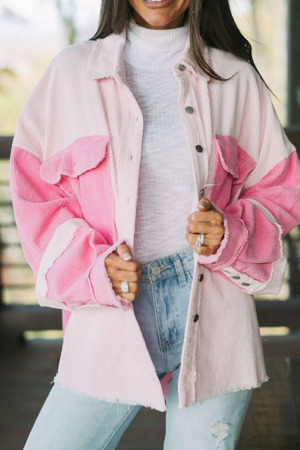 Two-tone Color Exposed Seam Corduroy Shacket, image 4
