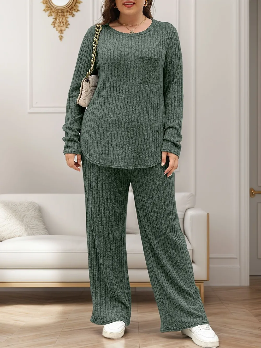 Round Neck Long Sleeve Top and Pants Set, image 16