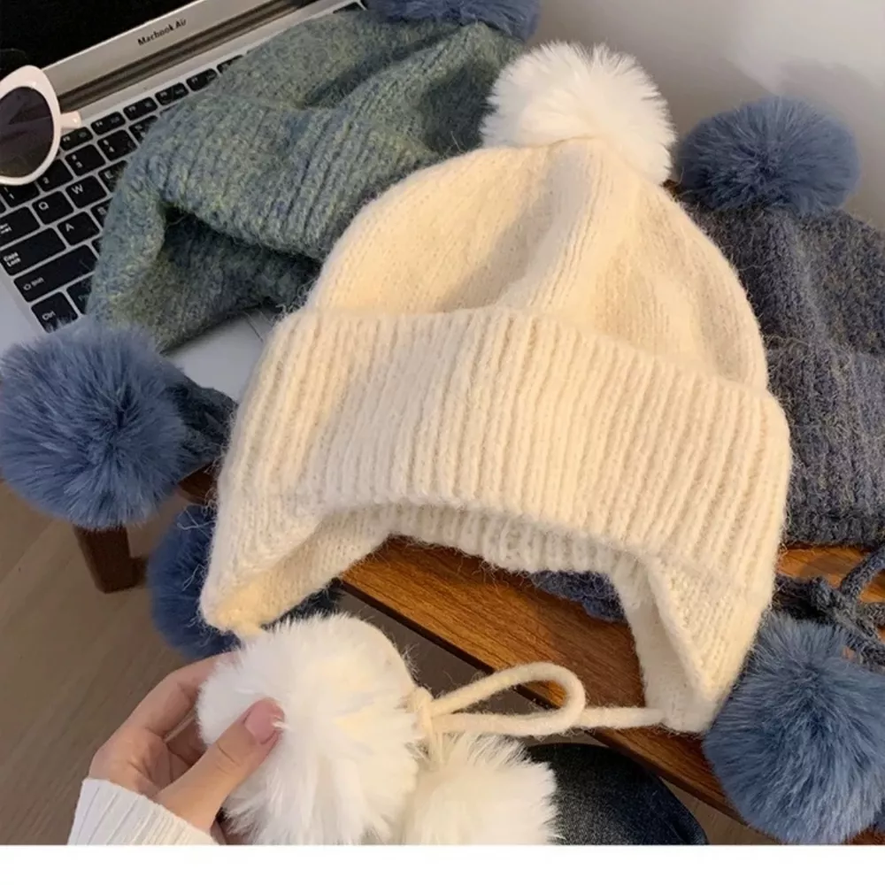 Warm Knitted Beanie Hat with Pom Pom Ear Flaps
