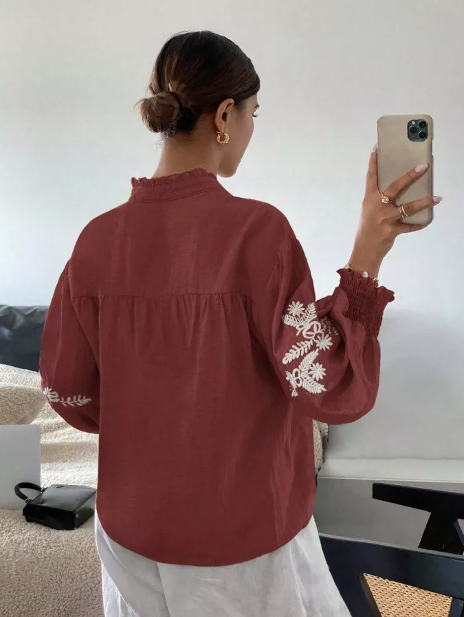 Embroidered Notched Long Sleeve Blouse, image 7