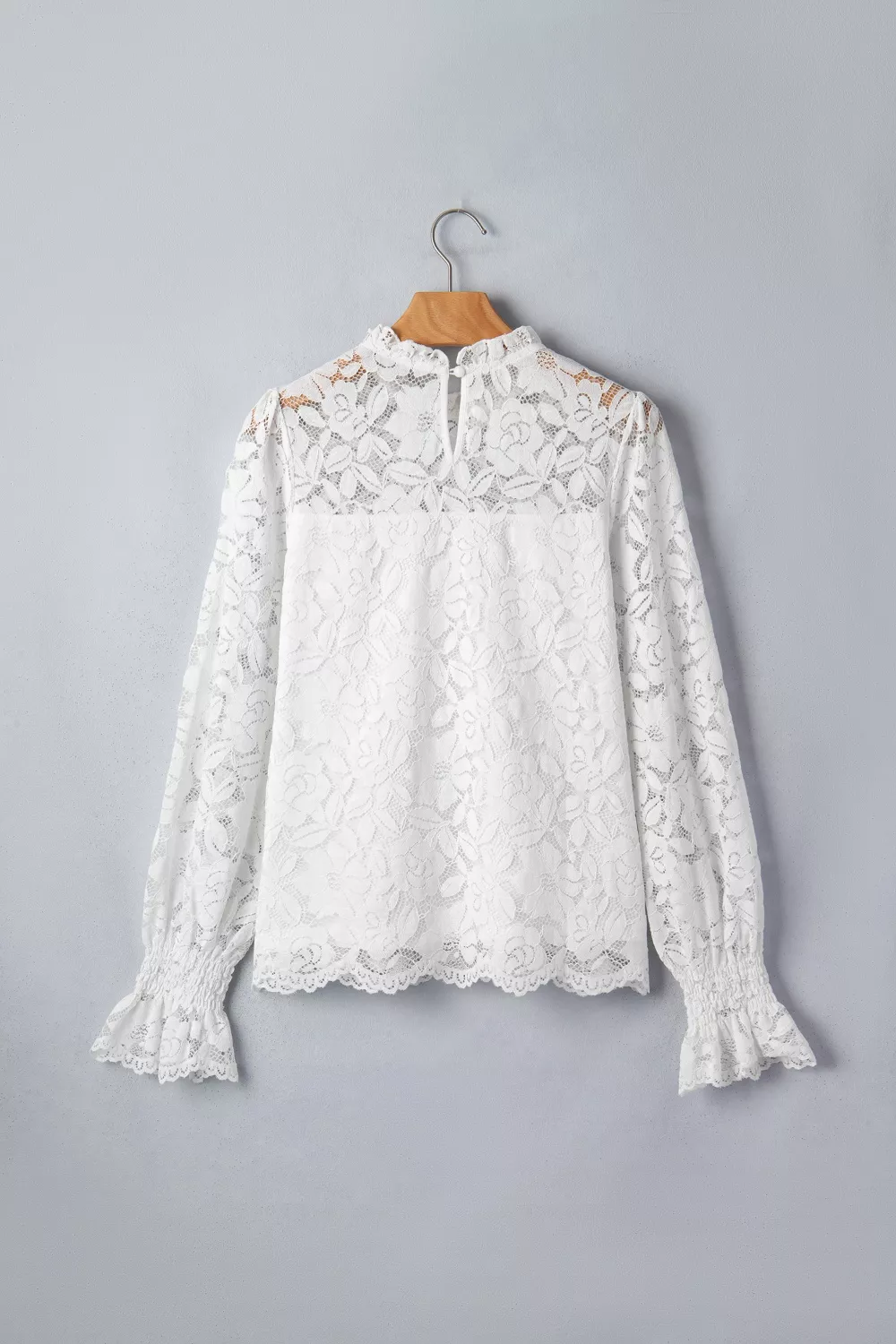Ruffled Round Neck Long Flounce Sleeve Sheer Lace Blouse, image 6