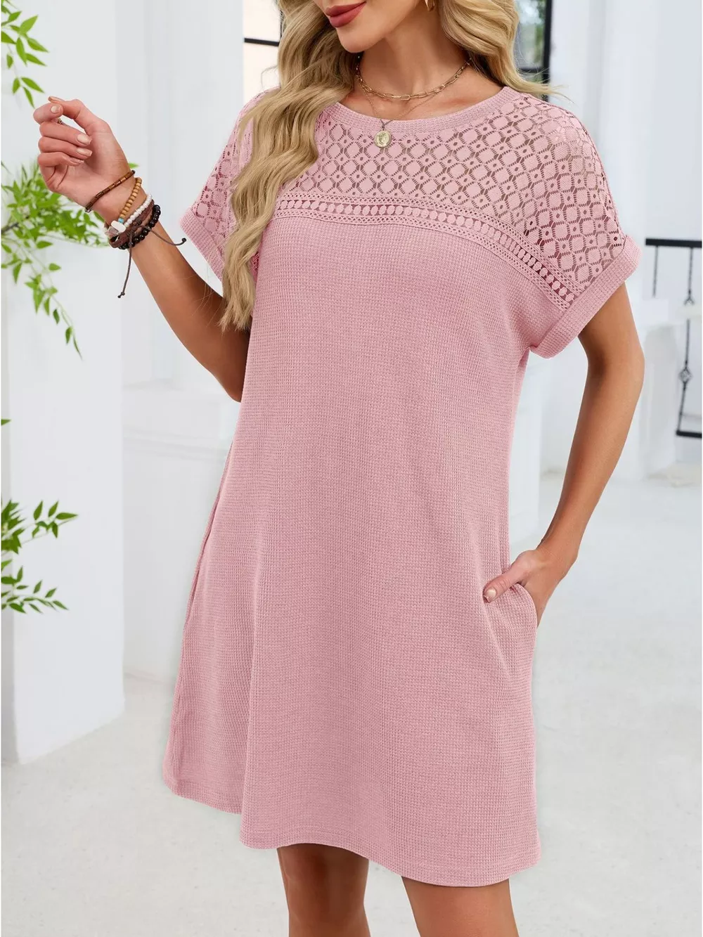 Lace Round Neck Short Sleeve T-Shirt Dress, image 6
