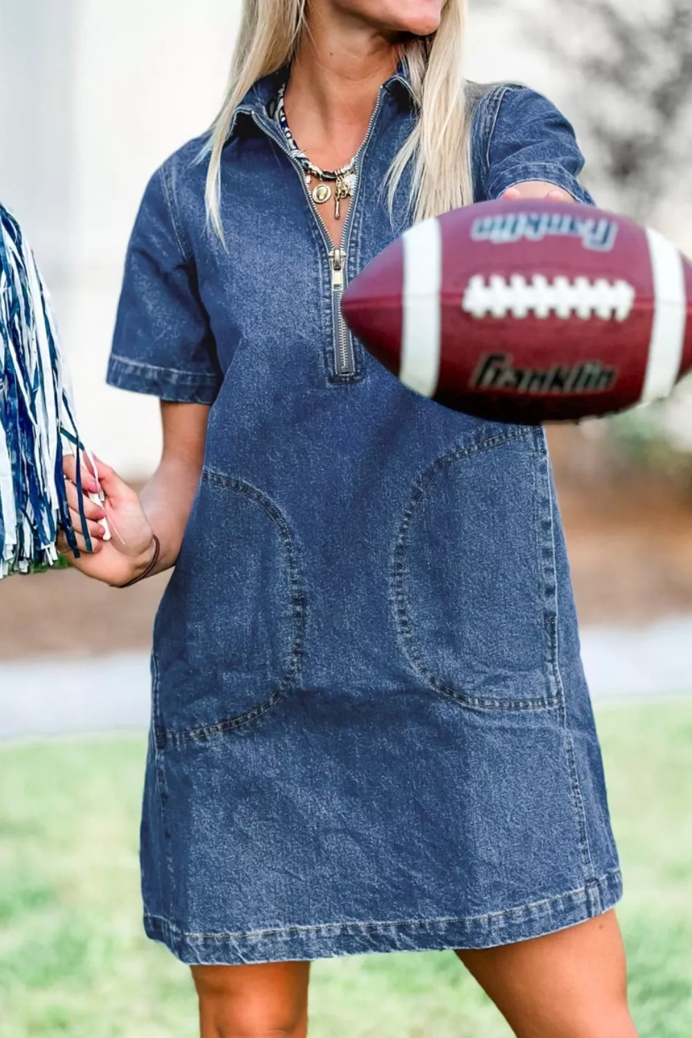Zip Up Collared Short Sleeve Shift Mini Denim Dress, image 2