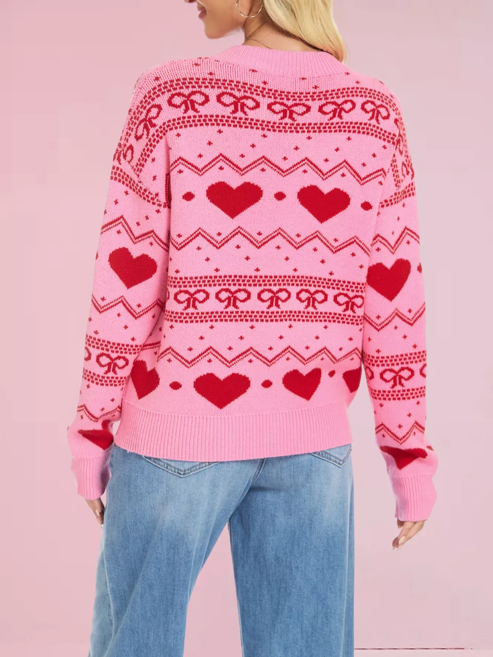 Heart & Bow Pattern Round Neck Sweater, image 10