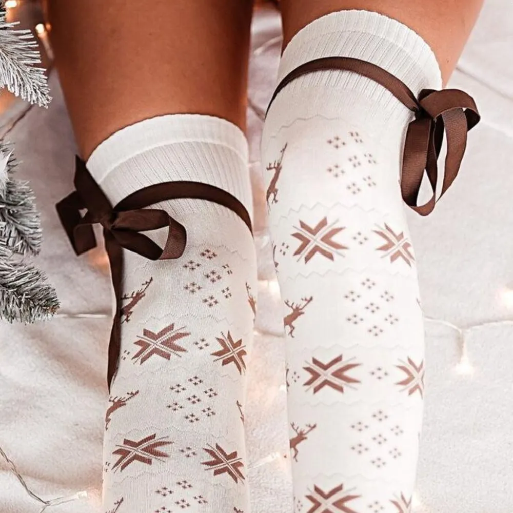 Christmas Element Bowknot Ribbed Trim Over Knee Stockings, image 11