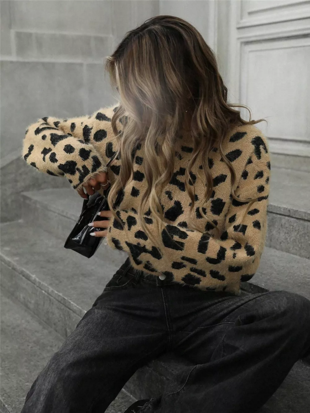 Leopard Fuzzy Knit Cropped Sweater, image 2