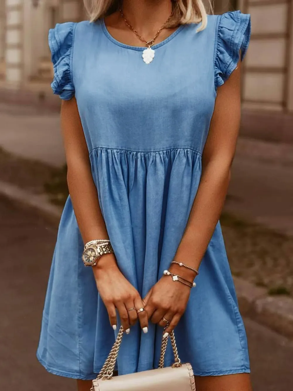 Full Size Ruffled Round Neck Cap Sleeve Denim Dress, image 4
