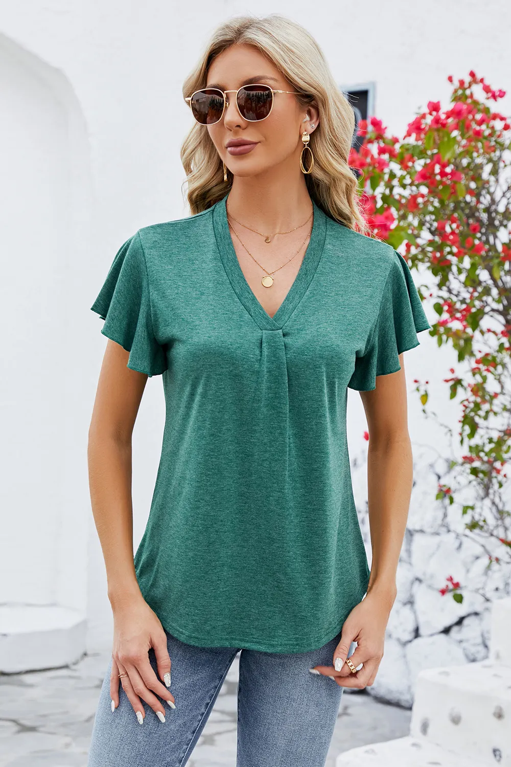 V-Neck Flutter Sleeve T-Shirt, image 5