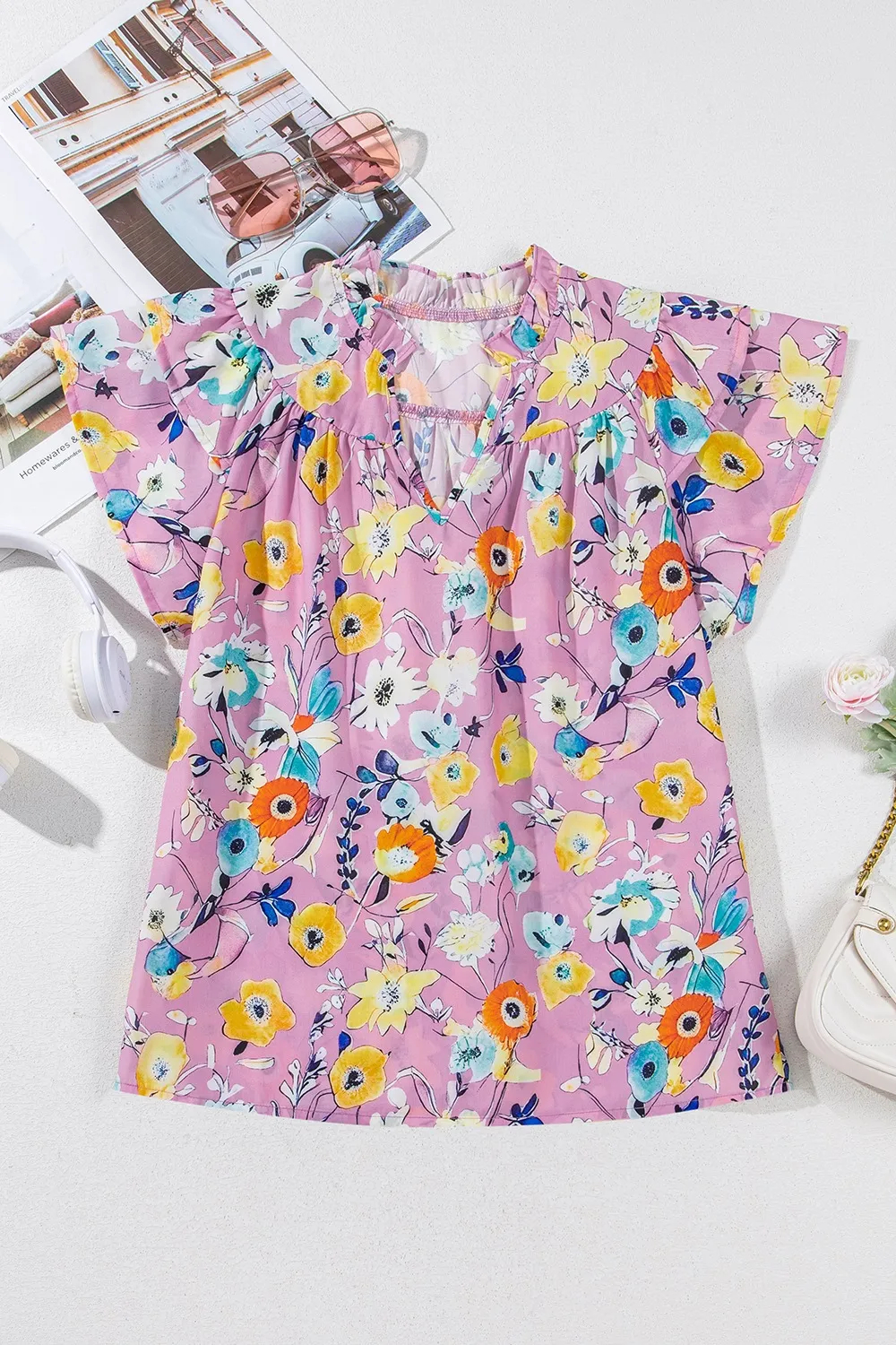 Printed Notched Double Layered Ruffle Sleeve Blouse, image 3