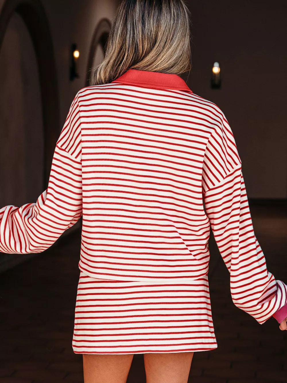 Stripe Collared V Neck Drop Shoulder Pullover and Skort 2pcs Outfit, image 2