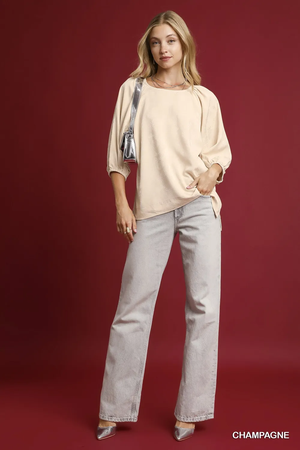 Satin Jacquard Balloon Sleeve Blouse, image 3