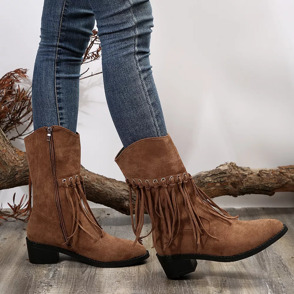 Fringe Western Block Heel Boots, image 9