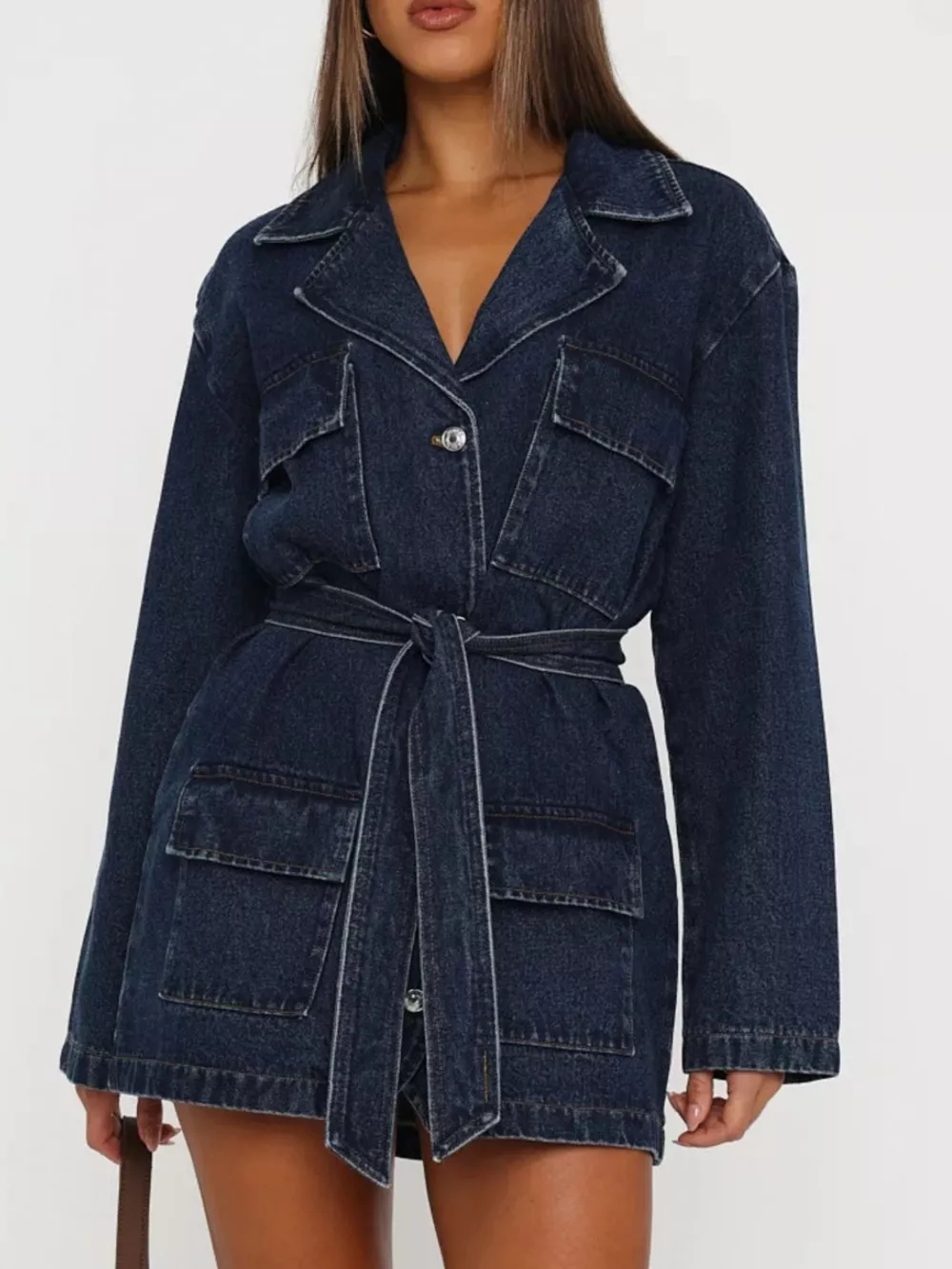 Long Sleeve Longline Denim Jacket with Belt, image 2